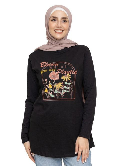 Black Printed Long - Sleeve Design 26 - Khotwh